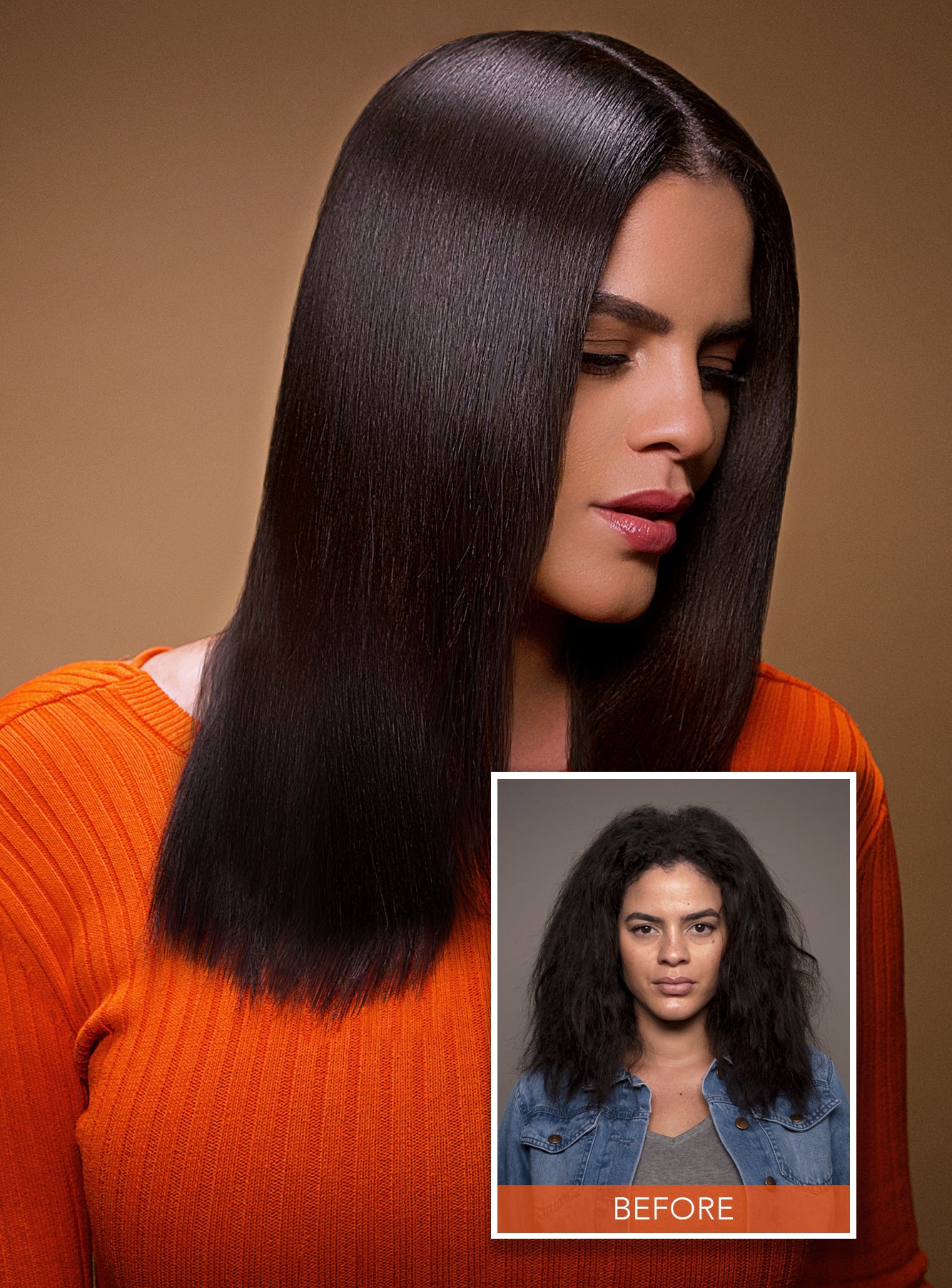 beautiful medium length, black, shiny hair young woman and smaller before picture with messy, unhealthy hair
