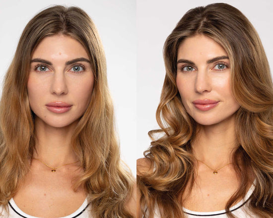 A side-by-side comparison of a woman's hair before and after styling. The left side shows flat, unstyled hair, while the right side shows wavy, voluminous hair.