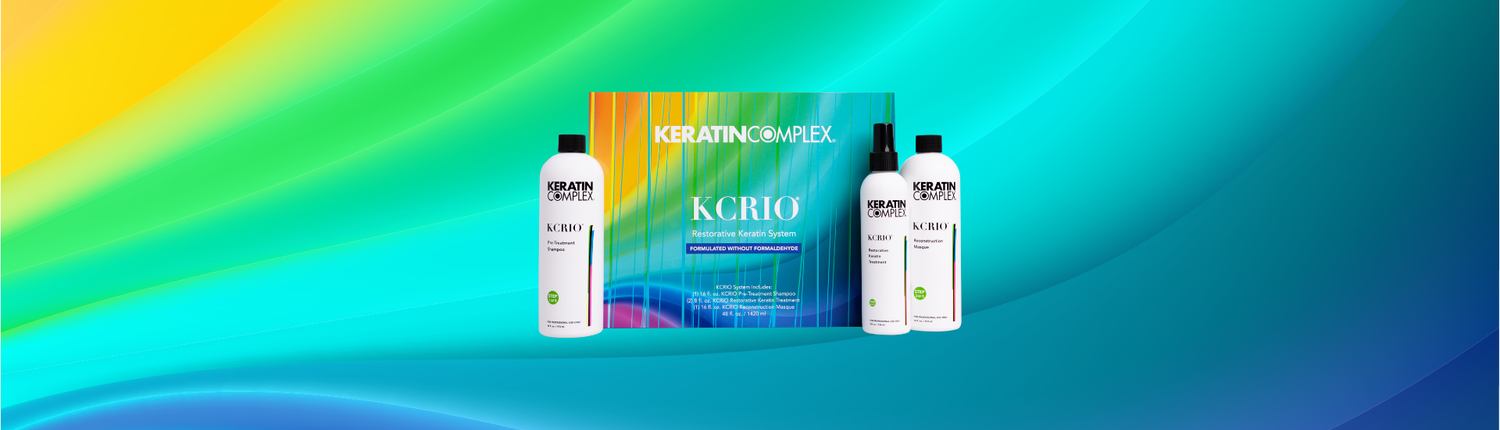 A large KCRIO Restorative Keratin System kit against a blue background, surrounding the box are three products