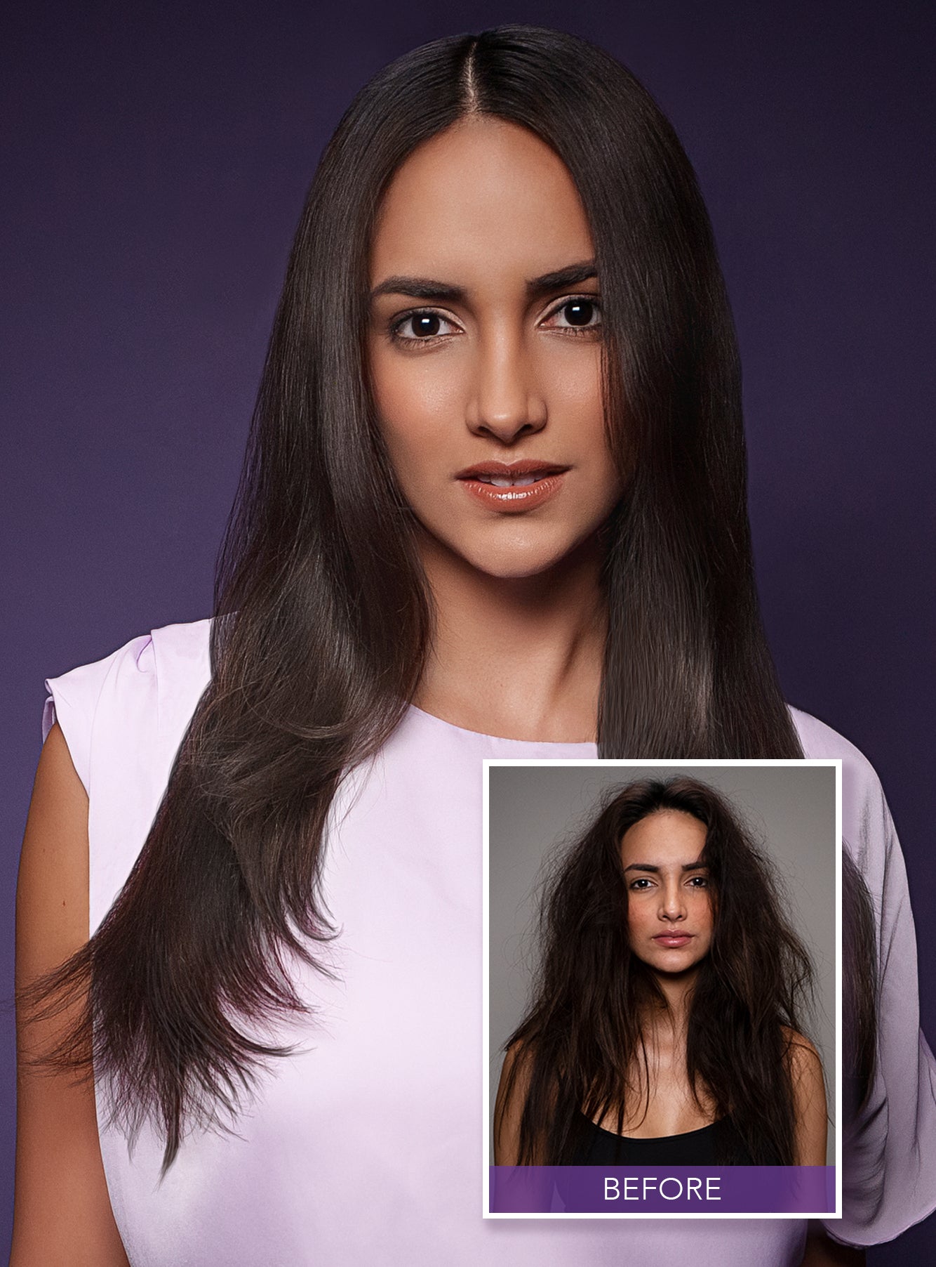 Beautiful black long hair young woman and before picture, woman with messy and frizzy hair 