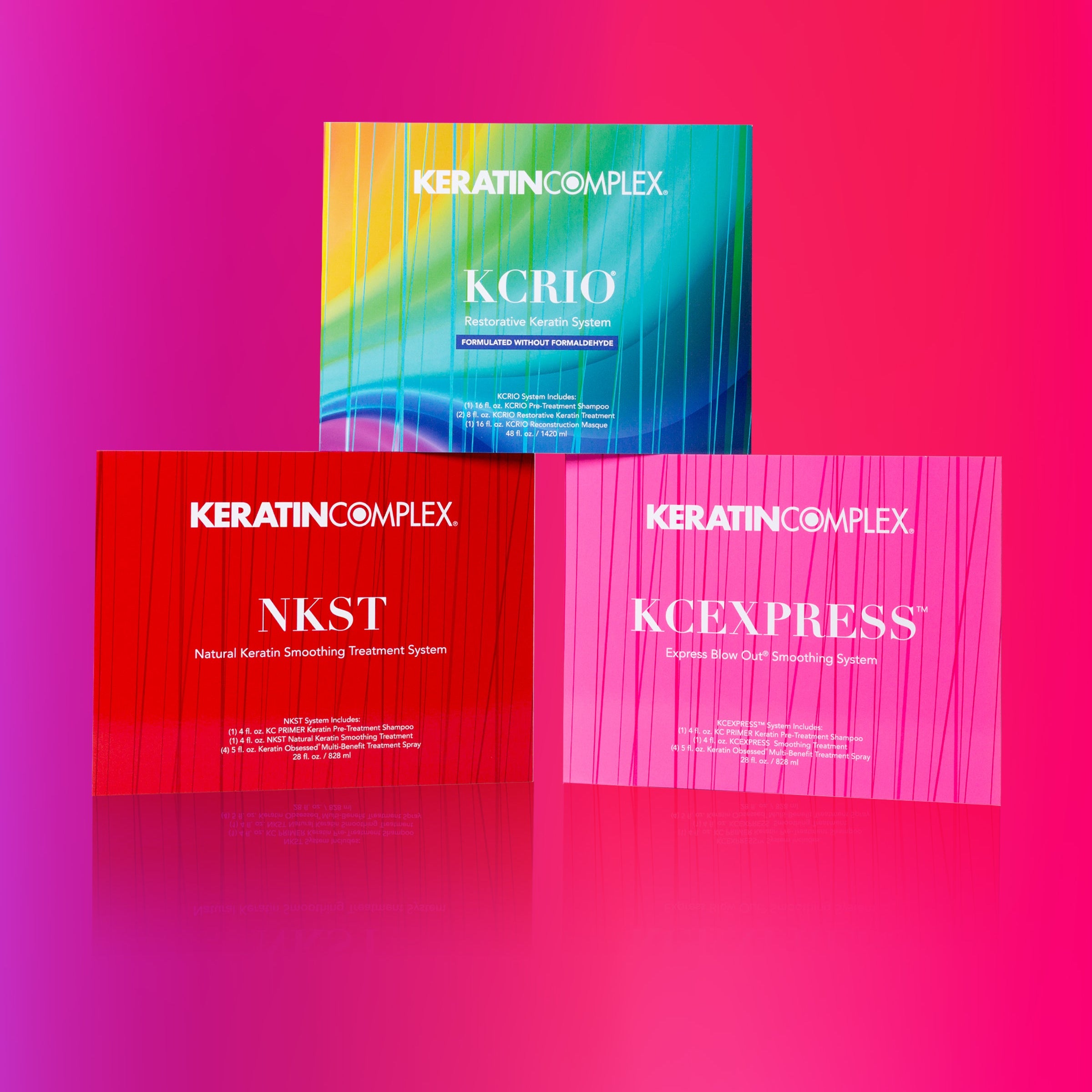 Three Keratin Complex product boxes arranged in a pyramid on a bright pink-to-purple gradient background. The top box is multicolor with blue, green, yellow, and orange stripes and reads KCRO. The treatments dysplayed are KCRIO, NKST & KCEXPRESS