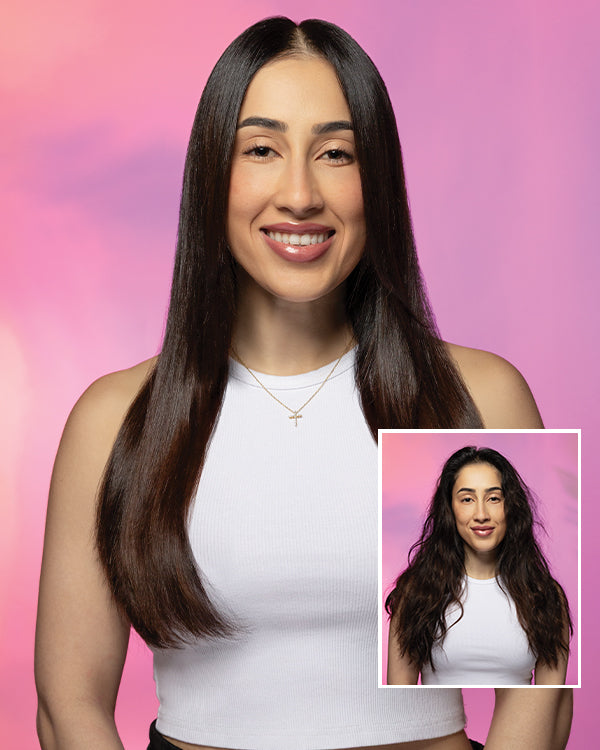 Woman with long, smooth dark hair against a pink background; inset shows her before with frizzy, wavy hair for a before-and-after comparison.