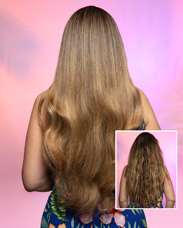 Person with long, wavy hair against a pink gradient background