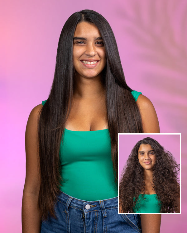 Woman with long, straight hair wearing a green top and blue jeans; an inset shows her hair before, curly for a before-and-after comparison.