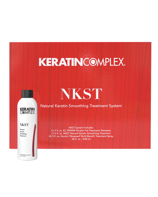 Red NKST box with bottle on white background 