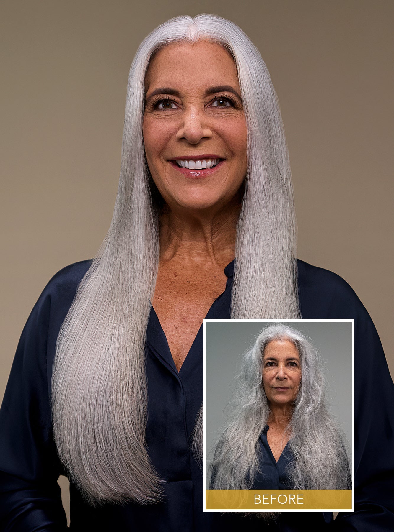 Beautiful white hair woman with healthy hair and smaller picture of before gray hair woman with damaged hair