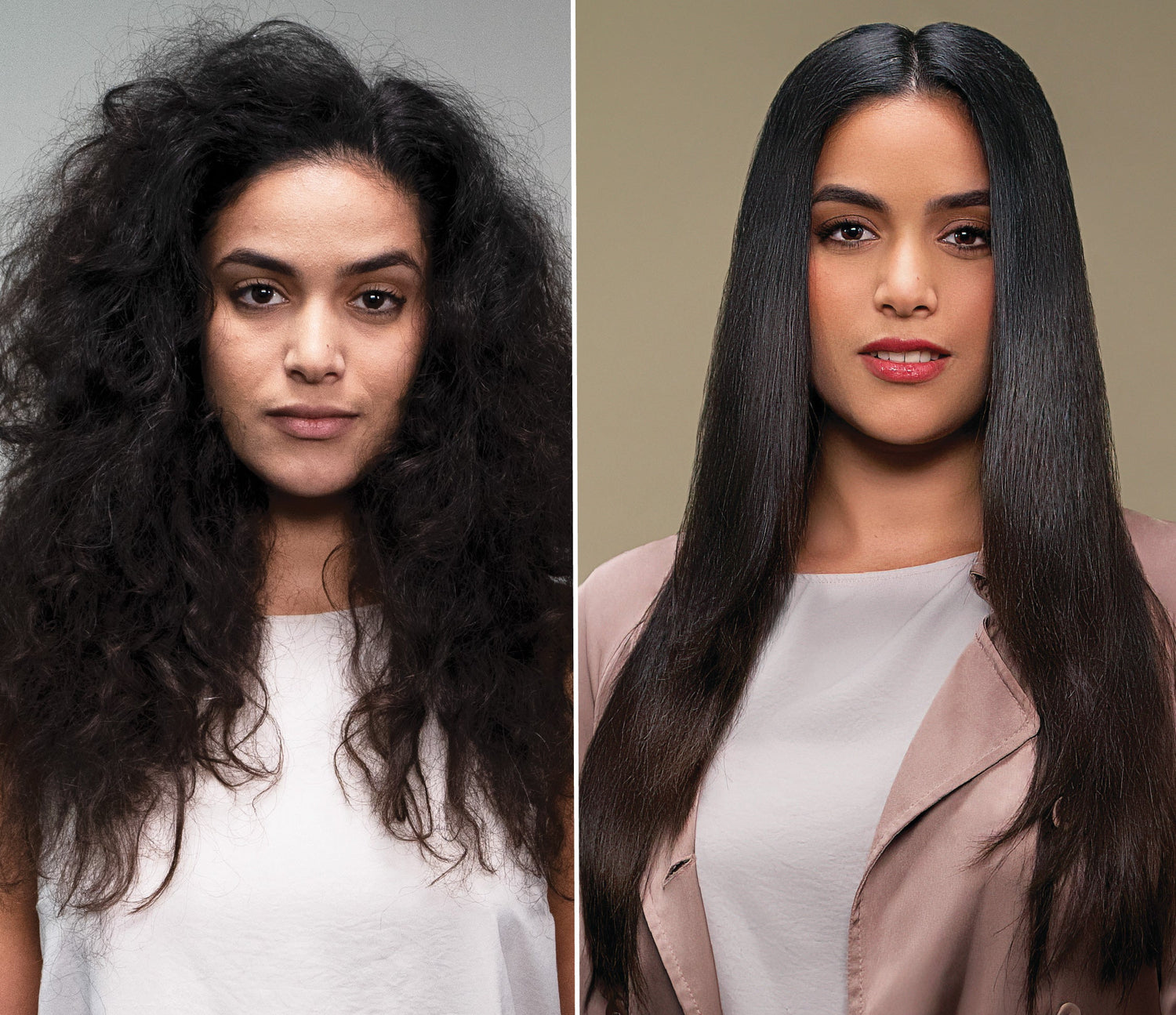 Before and after of wavy, frizzy hair transformed into sleek, straight hair after treatment.