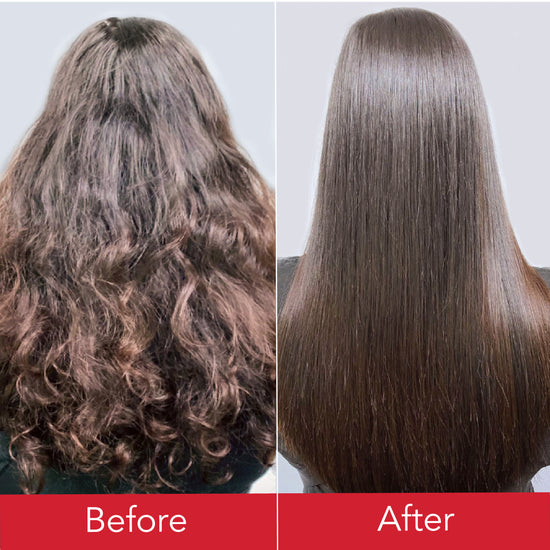 Before and After: Back view of wavy, frizzy hair (left) transformed into smooth, straight hair (right) after treatment.