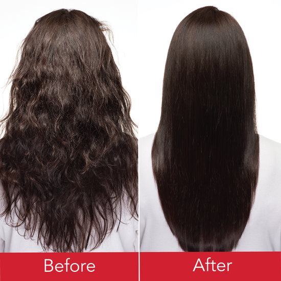 Before and After: Back view of wavy, frizzy hair (left) transformed into smooth, straight hair (right) after treatment.