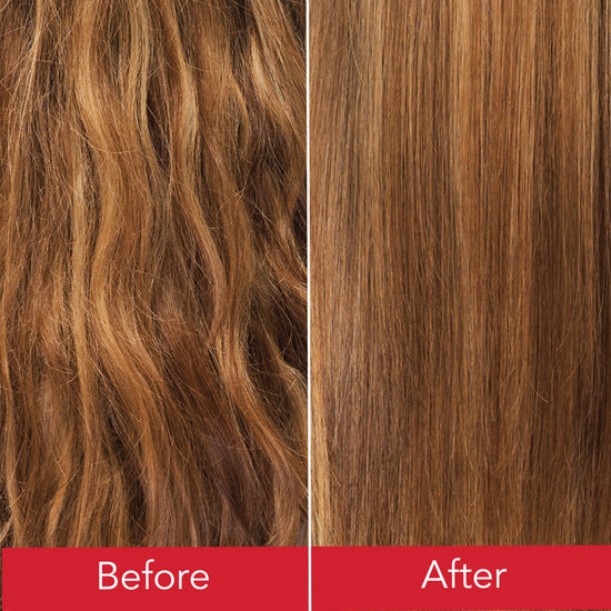 Before and After: Back view of wavy, frizzy hair (left) transformed into smooth, straight hair (right) after treatment.