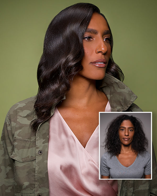 Before and after of a woman with long dark hair — on the right bottom, her hair is frizzy; on the right top, it’s smooth