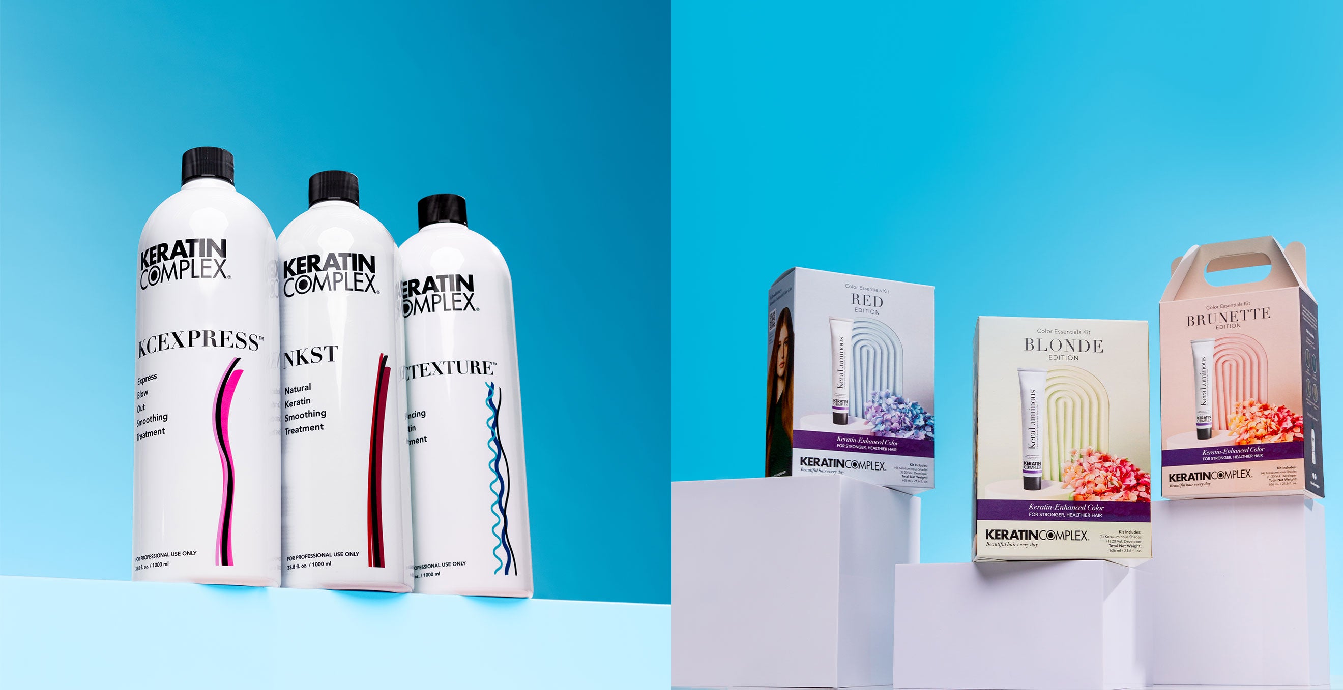 A display of Keratin Complex hair products against a bright blue background. On the left, three large white bottles labeled KCEXPRESS, NKST, and TEXTURE stand side by side. On the right, three boxed Color Essentials Kits labeled RED, BLONDE, and BRUNETTE are arranged on white platforms.