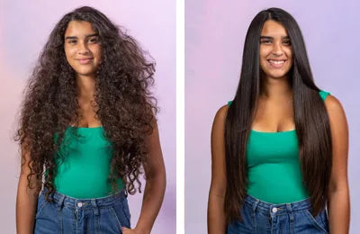 To the left a woman with curly hair, to the right her hair is straight. She has on jeans and a green top in both images.