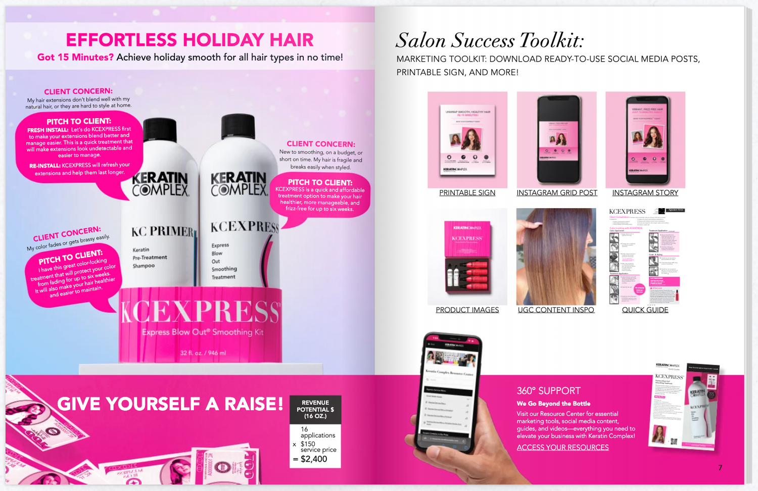 Keratin Complex spread promoting the KCEXPRESS Smoothing Kit for quick, smooth holiday hair. Left page highlights product benefits and potential earnings. Right page offers salon resources and marketing support.