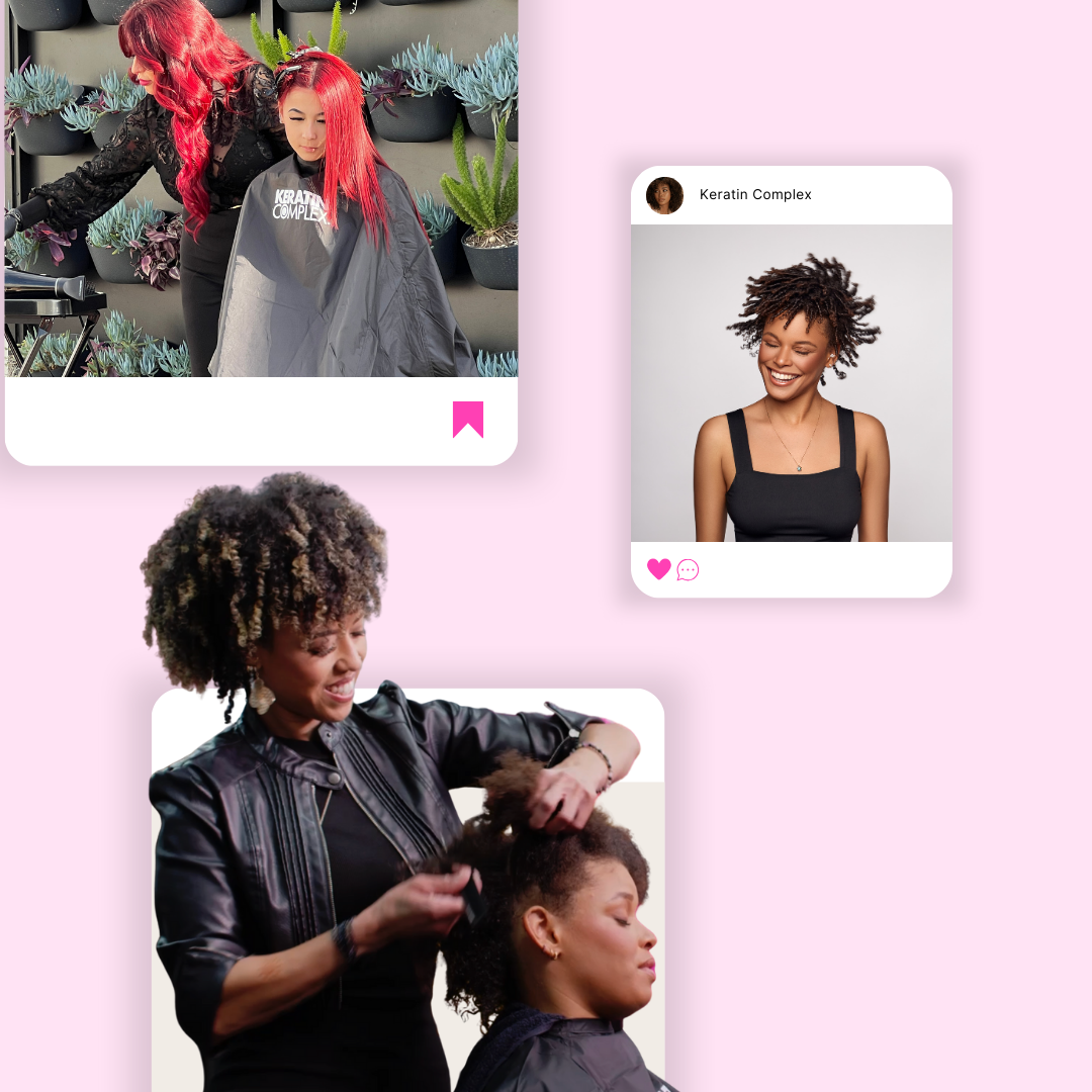 A collage of three images on a pink background showcasing hairstyling moments.