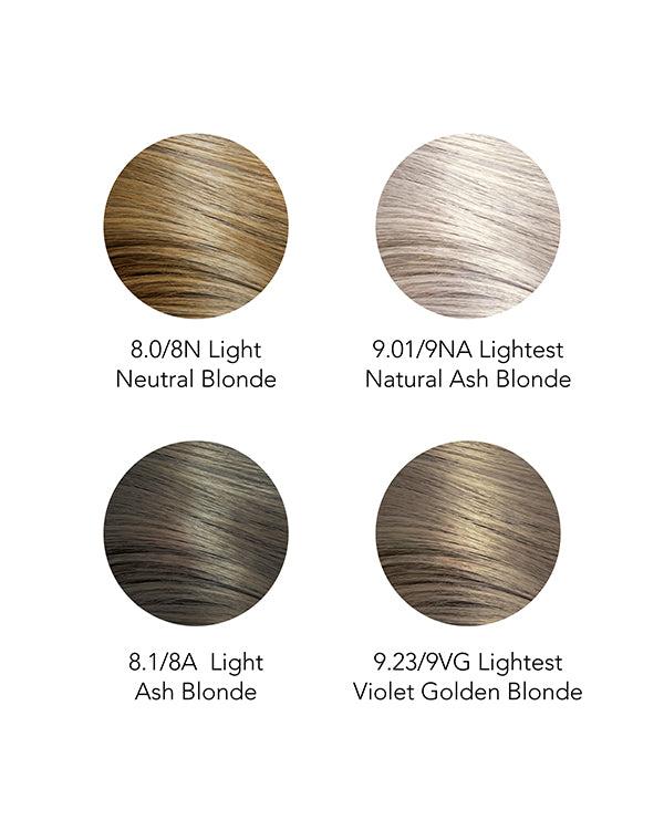 Image showing four hair color swatches labeled with their corresponding shades: 8.0/8N Light Neutral Blonde, 9.01/9NA Lightest Natural Ash Blonde, 8.1/8A Light Ash Blonde, and 9.23/9VG Lightest Violet Golden Blonde