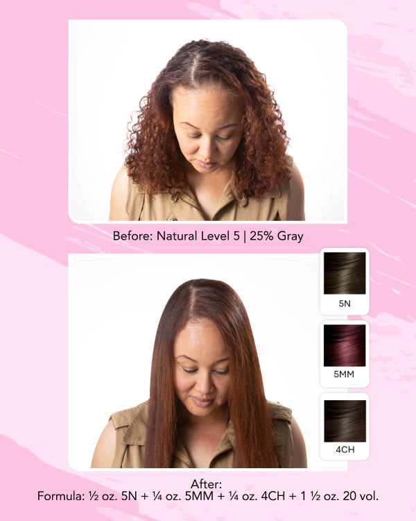 Infographic || Image showing before-and-after hair color results. The top photo shows how the hair looks before using the product: natural level 5 with about 25% gray, visible regrowth, and uneven tone. The bottom photo shows the after result: gray is fully covered, and the roots appear an even neutral medium brown that blends smoothly with the lengths. Three swatches labeled 5N, 5MM and 4CH indicate the shades used, with formula details listed as 1/2 oz. 5N + 1/4 oz. 5MM +1/4 oz. + 1 1/2 oz. 20 vol.