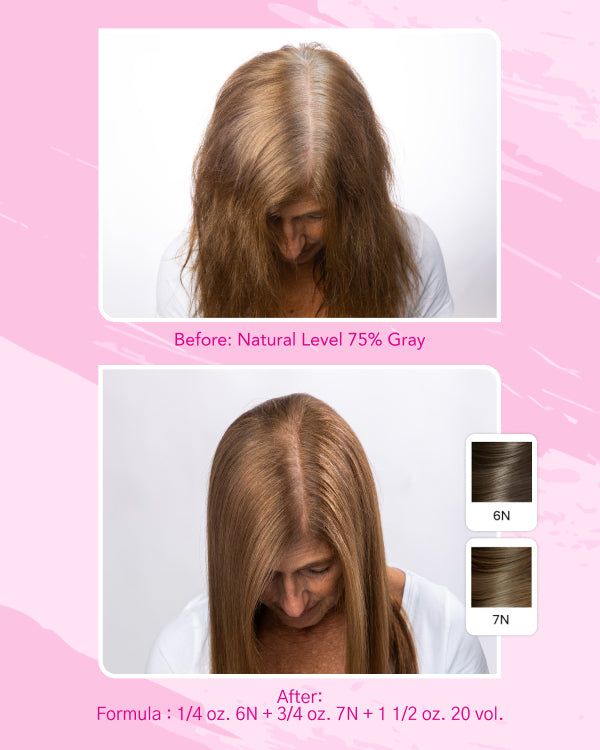 Comparison of hair color treatment with a pink background  || Before: Natural Level 75% After: Formula: 1/4 oz. 6N + 3/4 oz. 7N + 1 1/2 oz. 20 Vol. 