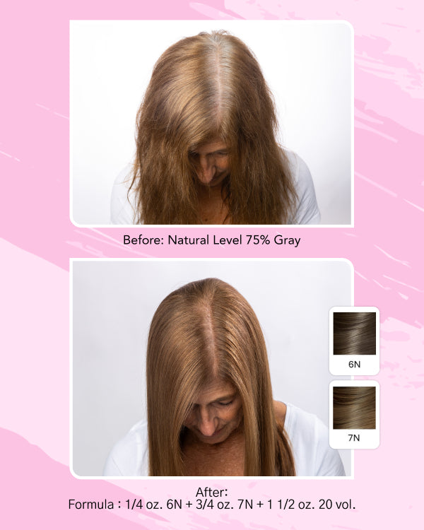Infographic || Image showing before-and-after hair color results. The top photo shows how the hair looks before using the product: natural level 6 with about 75% gray, visible regrowth, and uneven tone. The bottom photo shows the after result: gray is fully covered, and the roots appear an even neutral medium brown that blends smoothly with the lengths. Two swatches labeled 6N and 7N indicate the shades used, with formula details listed as 1/4 oz. 6N + 3/4 oz. 7N + 1 1/2 oz. 20 vol.