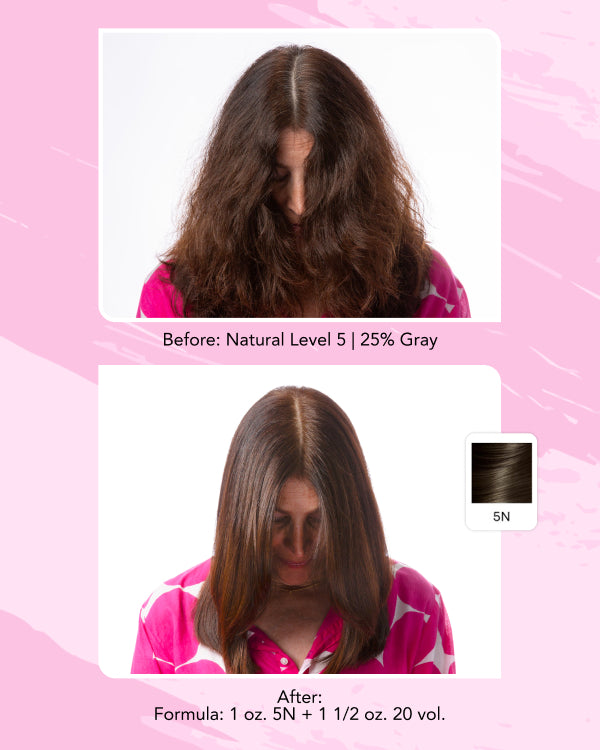 Infographic || Image showing before-and-after hair color results. The top photo shows how the hair looks before using the product: natural level 5 with about 25% gray, visible regrowth, and uneven tone. The bottom photo shows the after result: gray is fully covered, and the roots appear an even neutral medium brown that blends smoothly with the lengths. One swatch labeled 5N indicate the shades used, with formula details listed as 1oz. 5N +  1 1/2 oz. 20 vol.