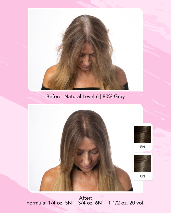 Infographic || Image showing before-and-after hair color results. The top photo shows how the hair looks before using the product: natural level 6 with about 80% gray, visible regrowth, and uneven tone. The bottom photo shows the after result: gray is fully covered, and the roots appear an even neutral medium brown that blends smoothly with the lengths. Two swatches labeled 5N and 6N indicate the shades used, with formula details listed as 1/4 oz. 5N + 3/4 oz. 6N + 1 1/2 oz. 20 vol.