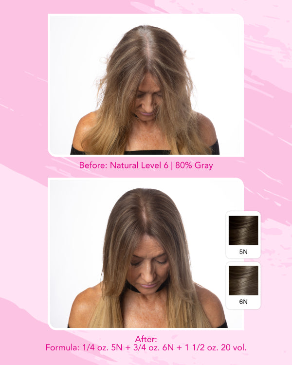 Comparison of hair color treatment with a pink background  || Before: Natural Level 6, 80% gray, After: Formula: 1/4 oz. 5N + 3/4 oz. 6N + 1 1/2 oz. 20 Vol. 