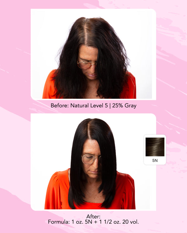 Infographic || Image showing before-and-after hair color results. The top photo shows how the hair looks before using the product: natural level 5 with about 25% gray, visible regrowth, and uneven tone. The bottom photo shows the after result: gray is fully covered, and the roots appear an even neutral medium brown that blends smoothly with the lengths. One swatch labeled 5N indicate the shade used, with formula details listed as 1 oz. 5N + 1 1/2 oz. 20 vol.
