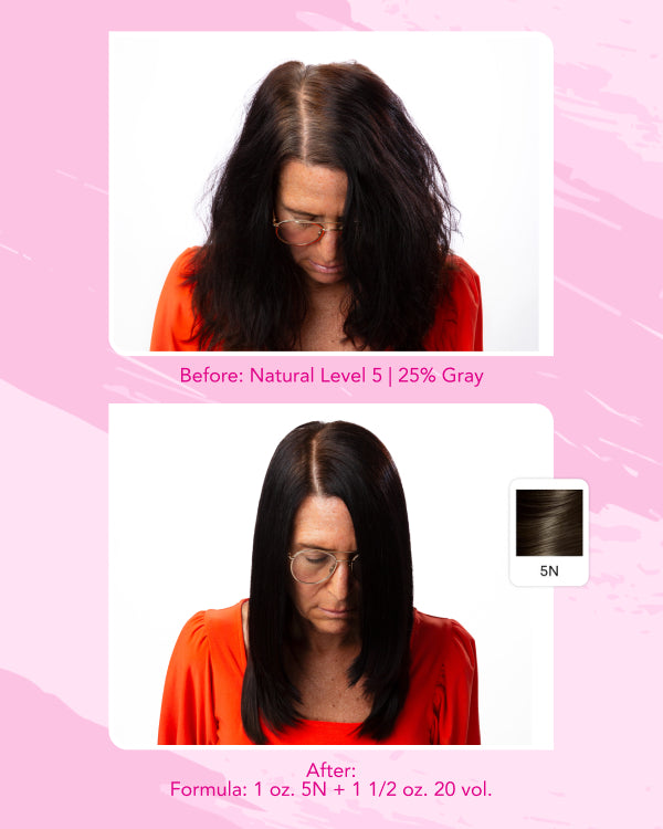 Comparison of hair color treatment with a pink background  || Before: Natural Level 5, 25% gray, After: Formula: 1 oz. 5N + 1 1/5 oz. 20 Vol. 