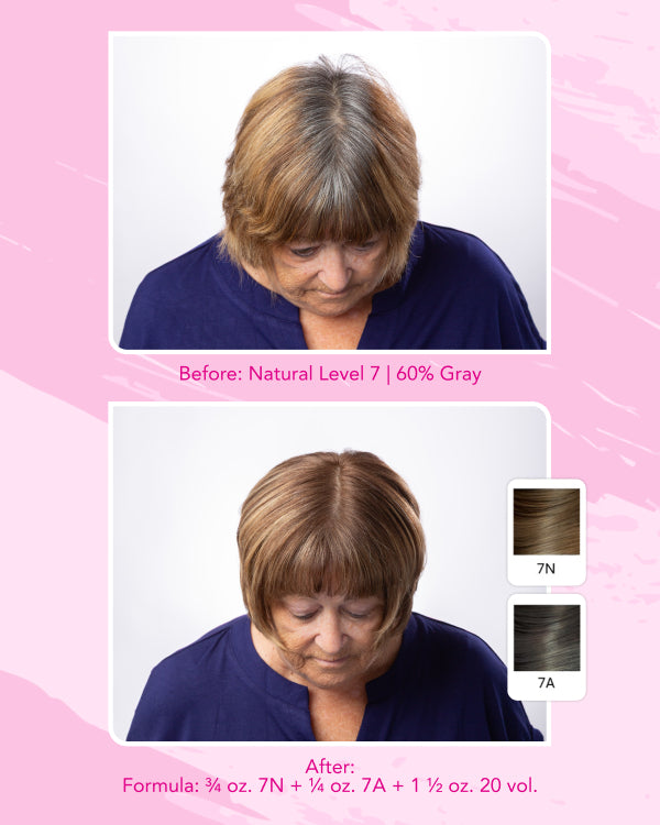 Comparison of hair color treatment with a pink background  || Before: Natural Level 7, 60% gray, After: Formula: 3/4 oz. 7N + 1/4 oz. 7A + 1 1/2 oz. 20 Vol. 