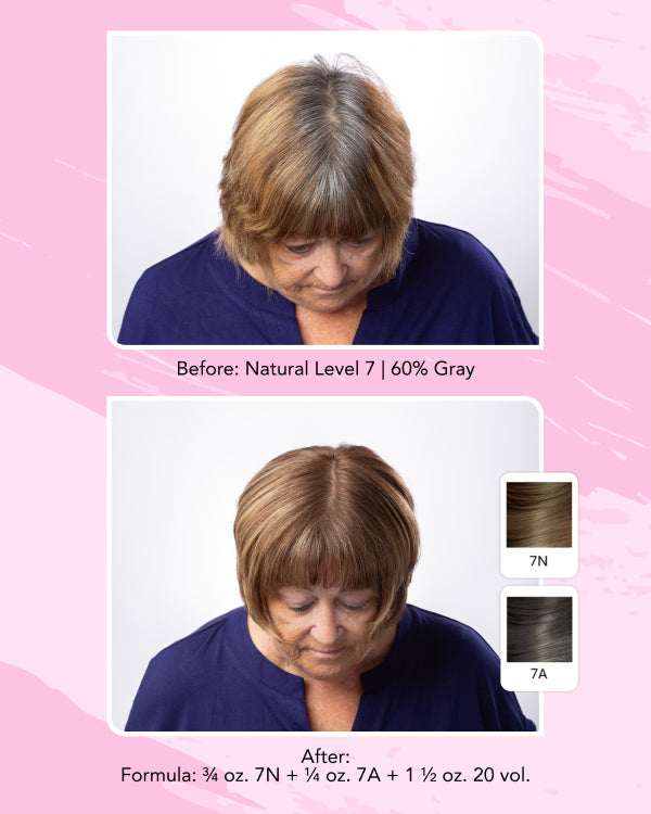 Infographic || Image showing before-and-after hair color results. The top photo shows how the hair looks before using the product: natural level 7 with about 60% gray, visible regrowth, and uneven tone. The bottom photo shows the after result: gray is fully covered, and the roots appear an even neutral medium brown that blends smoothly with the lengths. Two swatches labeled 7N and 7A indicate the shades used, with formula details listed as 3/4 oz. 7N + 1/4 oz. 7A + 1 1/2 oz. 20 vol.