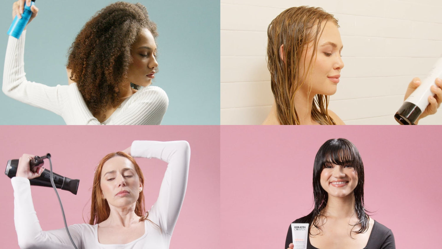 Collage of four women with different hair types using Keratin Complex products, showcasing the brand's versatility for all hair textures.