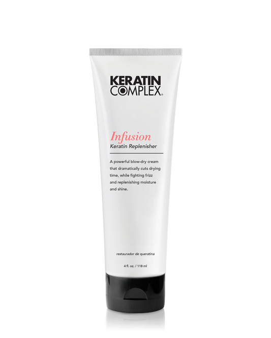 A white bottle of Keratin Complex Infusion Keratin Replenisher 4 oz. on a clear background.