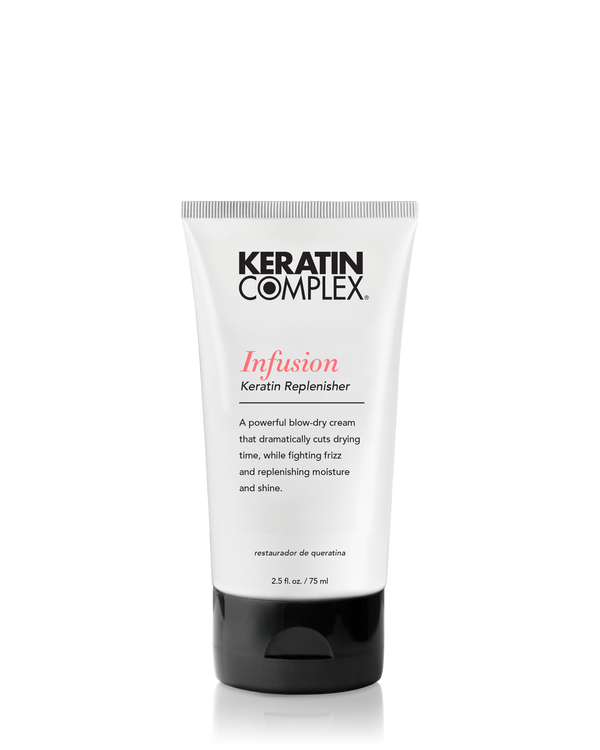 A white bottle of Keratin Complex Infusion Keratin Replenisher 2.5 oz. on a clear background.