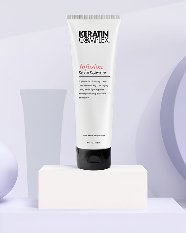 A white bottle of Keratin Complex Infusion Keratin Replenisher on a background.